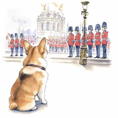 A captivating scene of a Corgi watching the Changing of the Guard ceremony, reflecting the daily life of a royal pet, Clipart, watercolor, white background, intricate detail