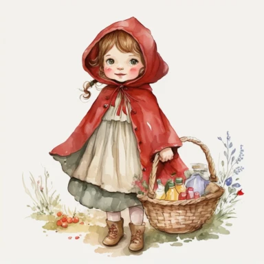 little red riding hood character, full bosy image, basket of bread, children' story book style, beatrix potter style, watercolor, white background, clipart
