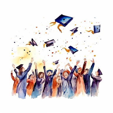 watercolor style, Graduation hat toss: Clipart showing a group of graduates throwing their caps in the air, celebrating the completion of their studies. clipart, isolated on white background, 4K