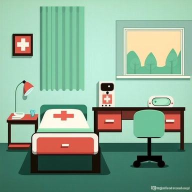 2D clipart style simple drawing of an empty nurse's office with a nurse bed and first aid kit in an elementary school