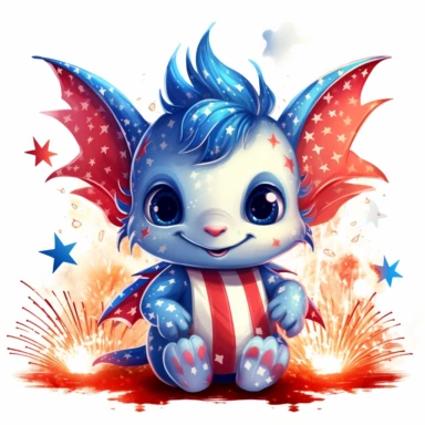 illustration of cute baby dragon in red white and blue american flag colors, fireworks, 4th of july, clipart svg, white background