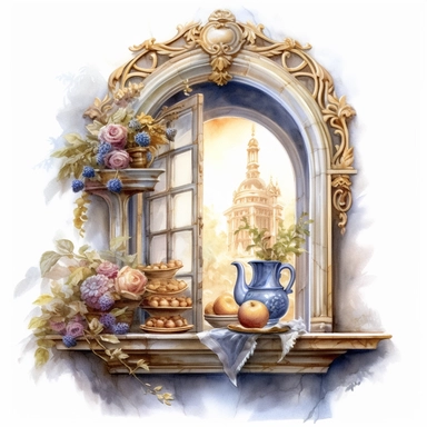 watercolor mixed media masterpiece royal kitchen beautiful window with porcelain dishes and books and basket with flowers, richly decorated with flowers, golden accents, provence, by Adonna Khare style, Baroque style, PNG clipart, isolated on white, extreme photorealistic details, 32k HD resolution, realistic high detailization high resolution