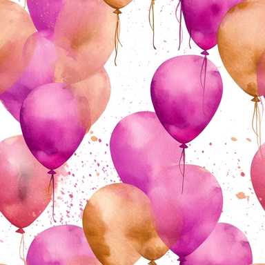 watercolor style birthday balloons bright colors pink purple gold high detail deep pink background clipart seamless tile