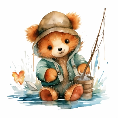 super cute happy big head baby toddler teddy bear clothed fishing fisherman fish clipart watercolor style in nature bright colors white background