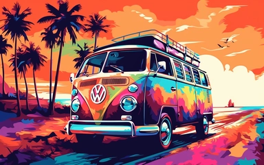 clip art of a VW bus decorated 60's style in synthwave style colourfull multicolour ultra details