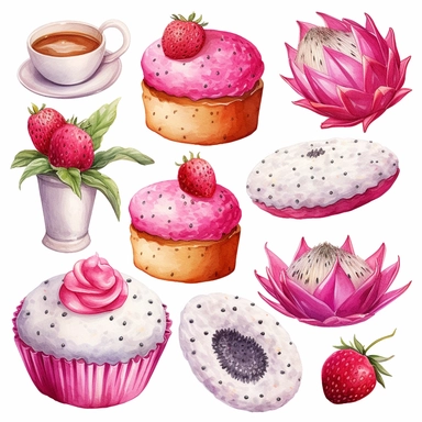 Watercolor style, dragon fruit, flowers, cake, cupcake, milkshake, donuts variations, hyper realistic detailed clipart, on a white background