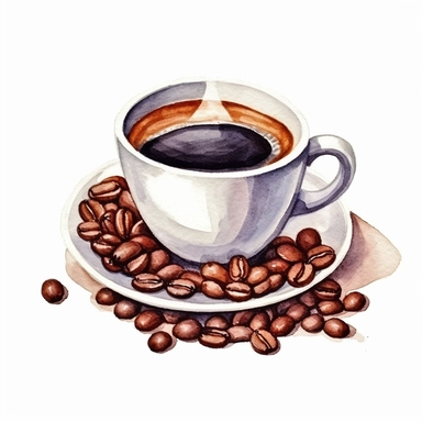 Coffee Cup and Coffee Beans illustration clipart, detailed, black outline, white background, digital art, watercolor