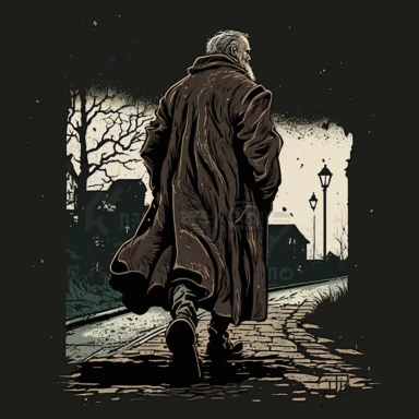 view from above, an strong old man walking far way on a road from back side, wearing long coat, dark tones vintage drawing style , in an old cartoon drawing style + back sideview + with low details + keep image datails +dark color tones + vintage drawing style , clipart drawing, clipart image, clean colors,balanced colors, detailed drawing