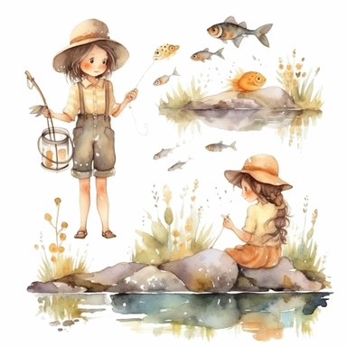 Watercolor boho fishing near a beautiful stream, illustrations clipart set, simple, soft colors, cartoon elements, different variants, cute little boy and girl fishing, separate elements with a margin