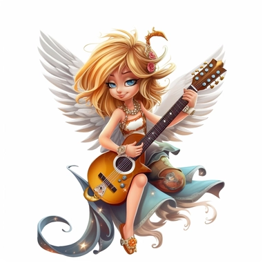 a beautiful fairy, rock star with guitar, cartoon, big wings, clipart, white background