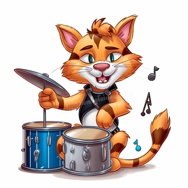 cartoon clipart design in disney style, drummer cat, white background