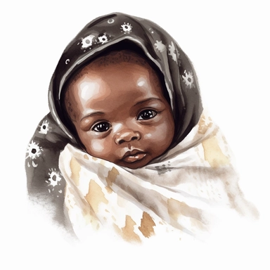 Watercolor cute new born black baby on a cute blanket, clipart, singel clipart, High resolution, white blanket, 8k