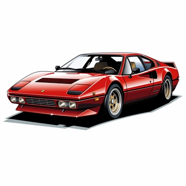 in clipart style, vector image, A meticulously crafted illustration of a red 1975 Ferrari 308 GTB , highlighting its iconic design and graceful contours, placed against pure white background (style: evoking the accuracy and refinement of classic automobile blueprints) (lighting: (colors: an elegant palette for the car's body set against a pristine, white backdrop) (composition: captured from a side view or three-quarter angle using a 35mm lense ensuring enough space is between the car and pictur