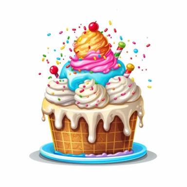 Generate a clipart image of a birthday cake with an ice cream theme. Incorporate elements like ice cream cones, scoops of ice cream, and colorful sprinkles to create a cake that resembles a giant ice cream sundae.