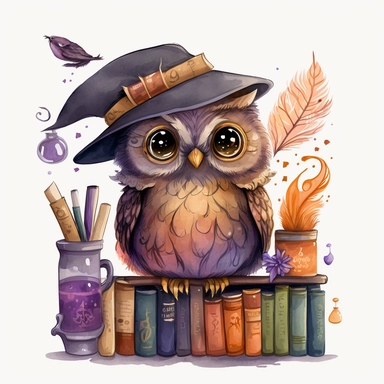 Watercolour cute witches owl, wearing a witch hat, clipart. The owl is sitting on a bookshelf, surrounded by books and potions. Its feathers are a mix of dark and orange shades, and its eyes are looking directly at the viewer. The witch hat has a purple ribbon, and the owl is holding a feather quill in its wing. The bookshelf is in a dark, candlelit room, with cobwebs and a cauldron in the corner. The books have titles like The Art of Witchcraft and Magical Potions and Spells. The potions on the