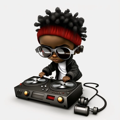 Black hip hop chibi boy png clipart, burgundy color black hip hop boy, African American black man dj behind turntable, 3d, white background