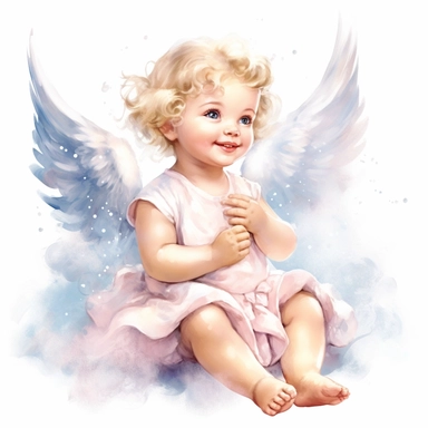 delightful watercolor image, full body cute newborn baby angel girl on white background, she is sitting on a cloud in pink dress and smiling gently. She has sparkling blue eyes twinkled with wonder and blond curls on her head, professional watercolor clipart, high resolution