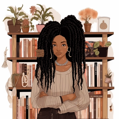 illustration of black woman, with an dreadlocks, and bookshelves, boho modern aesthetic, cottagecore, avacadopunk, florals, pastel and gold tones, flawless line work, low detail, clipart, white background