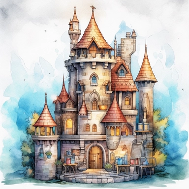 Create One clipart inspired by castle: The clipart exudes a cozy ambiance, with a sense of warmth and tranquility. , discovering its secrets and.cozzy watercolor style. in 4K. so it can be used in fantasy books. beautifull coloring