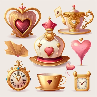 collection of hat , teapot,book, teacup, hearts cards, big crazy hat, gold melting clock , hourglass, queen of hearts , hearts paying cards vector clipart gold and light pink on white background