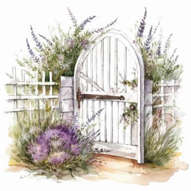 hand drawn opened white country garden gate with rosemary beside it, inside is an herb garden with lavender up front, glamorous, very detailed and realistic , watercolor, white background with margins, clipart style