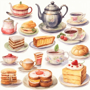 Watercolor vintage tea party items, illustrations clipart set, simple, soft colors, cartoon elements, different variants, teapot, sugar bowl, bun, jug of milk, cake stand, scones, china cup and saucer, , napkin, clotted cream, , knife, fork, jam, slice of cake on plate, tea cups, stacked teacups, lemondish, butter and bisciuits, , tea jars, , separate elements with a margin