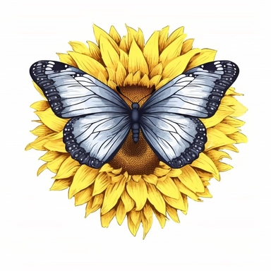 in the shape of heart, watercolor detailed clipart sunflower, high contrast realistic butterfly, clean lines, hard edges, no shadow, clean edges, centered on white background