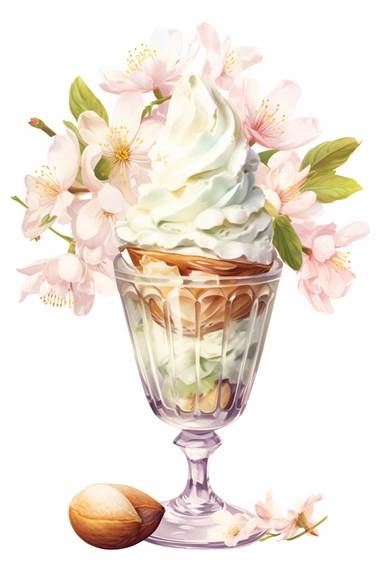 picturesque, a bright almond sundae, clipart on white background, watercolor style, spring vibes, detailing in pastel colors, high quality, painted by Beatrix Potter, 8k