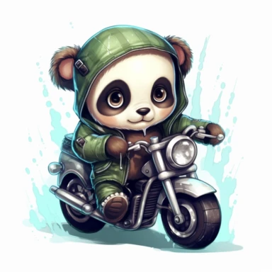 Create a clipart of a cute panda wearing a green leather jacket and riding a motorcycle. Kawaii. White Background, soft lighting.
