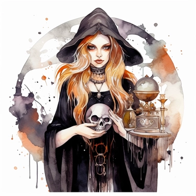 Clipart, watercolor, white background: A gothic witch with flowing dark robes, holding a crystal ball and surrounded by mystical symbols and potions.