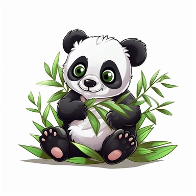 Generate a crisp clipart, pre-cropped image of a cute panda munching on bamboo leaves, pure white background