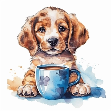 cute puppy holding coffee cup drawn in watercolor, vector design, cutout,Sublimation Clipart ,Cartoon,hyper realistic, intricate detail, illustration style,high solution,on the white background
