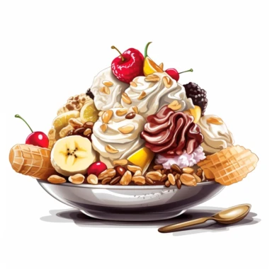 clipart banana split with lots of scoops of ice cream nuts, toppings
