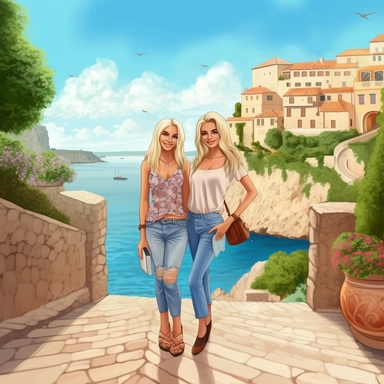 panoramic view, full view, landscape, two beautiful older middle-aged female best friends, one with long blonde hair and one with short blonde hair, age appropriate attire, same height, posing, smiling, beautiful faces, along a cobblestone walkway in a beautiful mediterranean town with view of beautiful blue water, cascading bougavanelia, beautiful summer day, illustration clipart, photo realistic, romantic, fantasy, ethereal, sharp focus, high detail,