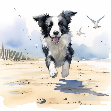 Clipart, watercolor, white background: A Border Collie puppy chasing seagulls on the beach, displaying its agility and intelligence.