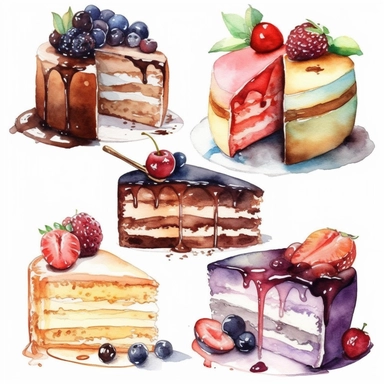 6 watercolor cakes clipart, white background, rich colors, 8K, ultra detailed