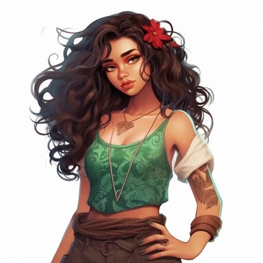 Disney princess moana, long dark brown curls in a rocker hairstyle, red crop top over a ripped green skirt, green necklace, gothic style, rock style, clipart, white background, by Kawacy