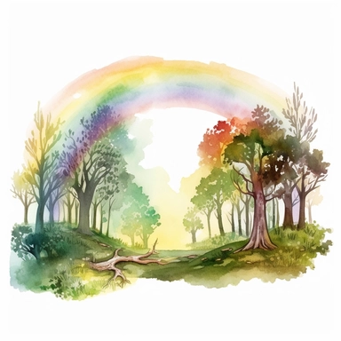a watercolor of a forrest scenery with rainbow, realistic fantasy Style, vector free clipart illustration, in the style of unreal engine 5, 32k uhd, detailed features, white background
