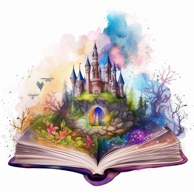 a watercolor fantasy book clipart, the book has a castle and enchant garden on it, in the style of technicolor dreamscape, swirling vortexes, nightcore, dissected books, disney animation, symbolic images, whimsical portraits