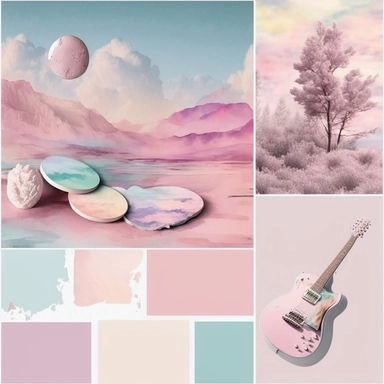 soft, muted tones reminiscent of cotton candy skies. Picture objects like guitars, records, or hearts bathed in a dreamy pastel glow. Incorporate watercolor textures or gradients to give the clipart a soft and ethereal feel