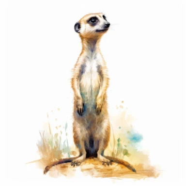 cute meerkat, standing tall and on guard, diligently protecting its burrow, pastel watercolor, clipart, on a white background