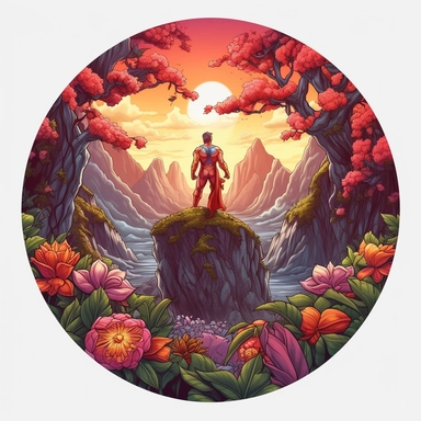 super man, close up, a sticker, artwork of t shirt graphic of majestic forest, in digital painting style , beautiful flowers, sunset mountains and clouds , big vines, stone temple covered in vines, white background, colorful fantasy flower surround, highly detailed clean, vector image, photorealistic masterpiece, professional photography, realistic, flat white background, isometric, vibrant vector, clipart, illustration, realism, 4k, , cinematic, front view, white background, paradise, extremely