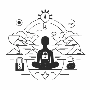 clipart vector icon about tranquility peace and safety. Person meditating in front of a lock. Lock and meditation. black and white