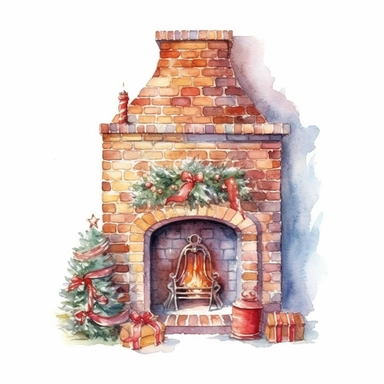 watercolor style, beautifully decorated christmas fireplace with slightly visible part of the wall behind it clipart, isolated on white background, 4K