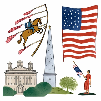 clipart image with iconic symbol, flag, and historic landmark from the American Revolution, perfect for DIY project and craft