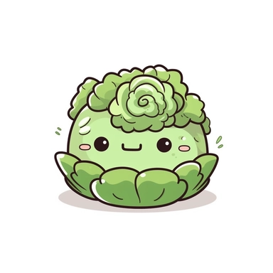 cute clipart icon of lettuce, kawaii, anime style, in white background, soft color blending, rounded