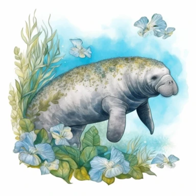 hand drawn Florida manatee, in crystal blue water, underwater with plants, very detailed and realistic, watercolor, white background with margins, clipart style