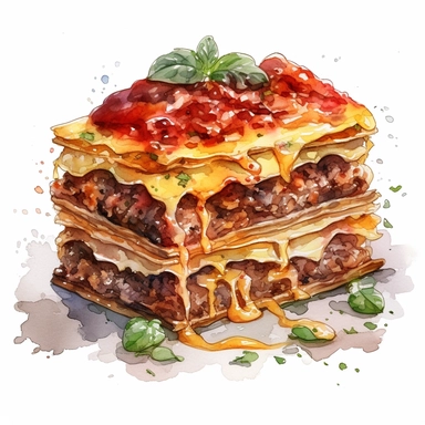Create mouthwatering visuals of layered pasta, meaty sauce, and gooey cheese with watercolor clipart that depicts the beloved comfort food, lasagna, hyper realistic, white background