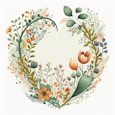 orange and green Floral frame Clipart, flower heart forest illustrations,white background