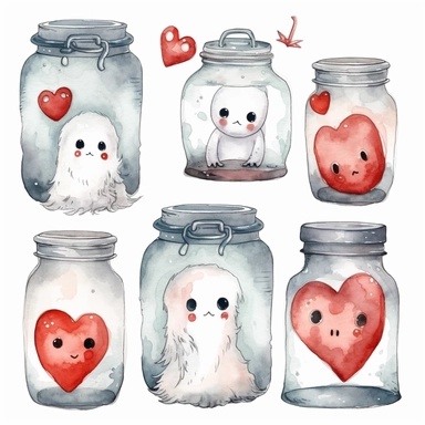Collection of little flying baby ghost face, transparent glass jar and red love heart. Hand drawn watercolour graphic drawing on white, cutout clip art elements for print, invitations, banners, cards